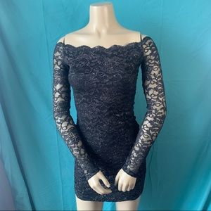 NWOT TIGHT MINI BLACK DRESS with LACE AND GLITTER